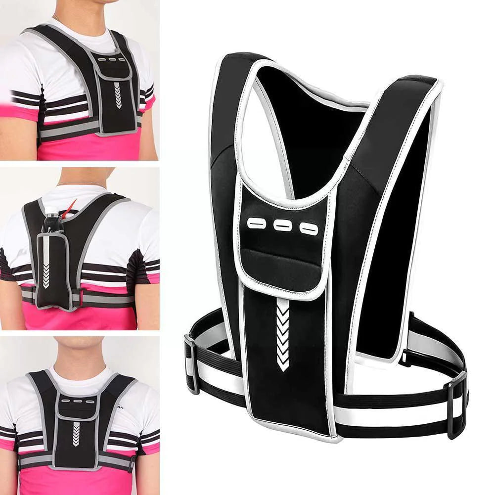 Unpacked Water Bottle Outdoor Reflective Running Vest Bag showcasing its spacious interior for carrying essentials during outdoor adventures.