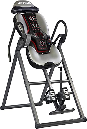 The INNOVA heat and massage inversion table accommodating different user heights, with adjustable settings for comfort.
