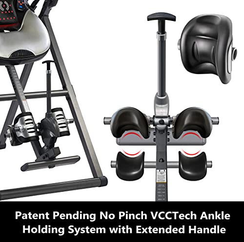 The INNOVA heat and massage inversion table displaying its height range accommodating users from 4ft-10in to 6ft-6in.