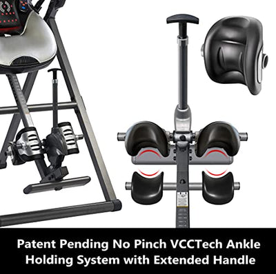 The INNOVA heat and massage inversion table displaying its height range accommodating users from 4ft-10in to 6ft-6in.