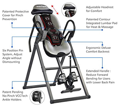 User enjoying a heat and massage session on the INNOVA inversion table, showcasing its therapeutic benefits.