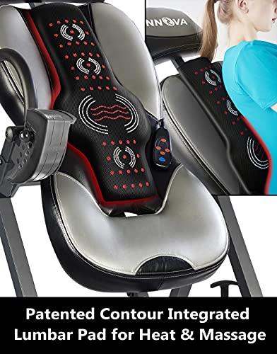 Features of the INNOVA inversion table including large padding and secure ankle holders for enhanced comfort.