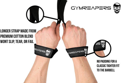 User demonstrating the Gymreapers lifting wrist straps around a bar during a strength training workout.