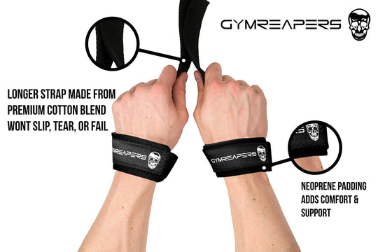 Close-up of Gymreapers weightlifting wrist straps with 18" cotton and padded neoprene for bodybuilding and strength training.