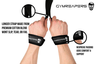 Close-up of Gymreapers weightlifting wrist straps with 18" cotton and padded neoprene for bodybuilding and strength training.