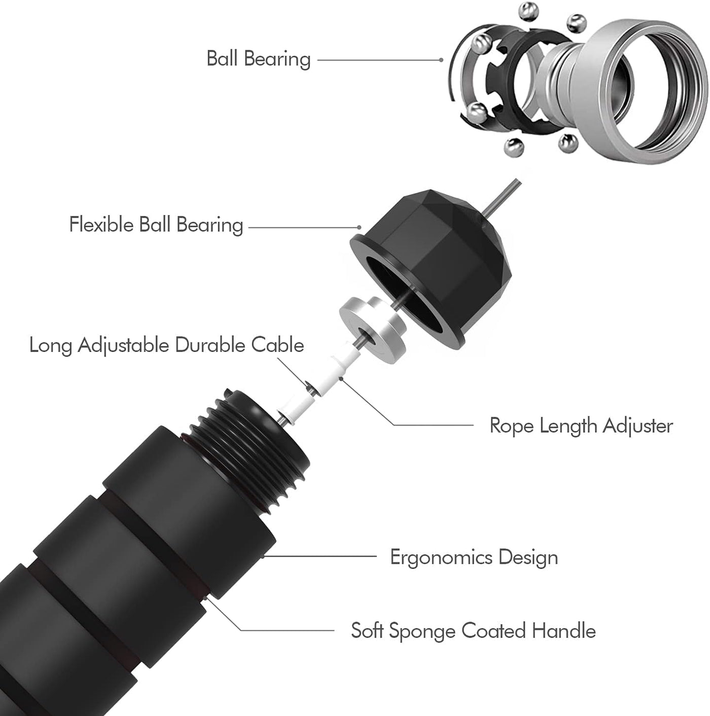 Adjustable tangle-free jump rope displayed with different lengths to fit various users for tailored workouts.