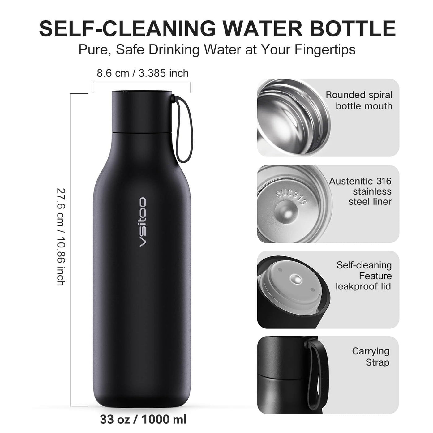 VSITOO 33 oz Smart Self-Cleaning Water Bottle,Stainless Steel Vacuum Flask,BPA-Free, One-Touch Clean,30-Day Battery, Magnetic Charging,Portable Bottle for Travel,Gym or Office,Black - Dreamchaser Headquarters