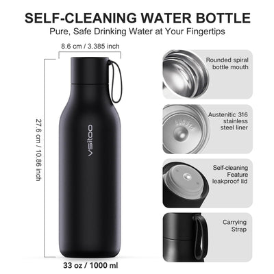 VSITOO 33 oz Smart Self-Cleaning Water Bottle,Stainless Steel Vacuum Flask,BPA-Free, One-Touch Clean,30-Day Battery, Magnetic Charging,Portable Bottle for Travel,Gym or Office,Black - Dreamchaser Headquarters
