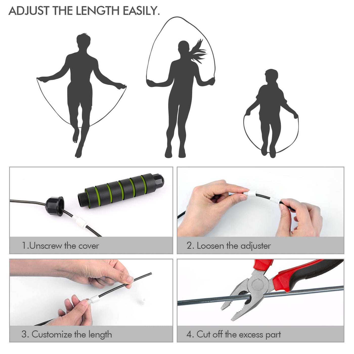 Different styles of tangle-free jump ropes on display, perfect for varied fitness routines and personal preferences.
