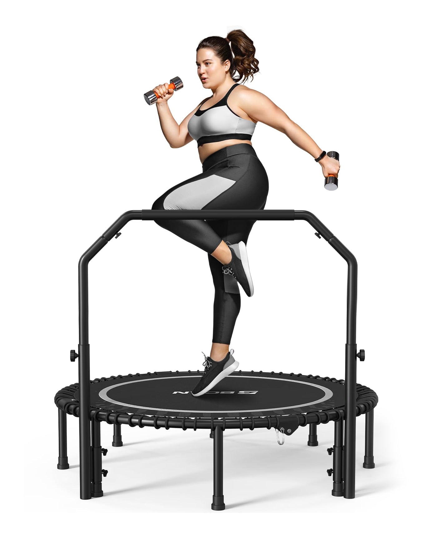 View of the BCAN fitness trampoline with handle showcasing adjustable height features for user convenience.