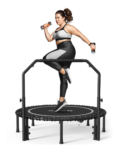 View of the BCAN fitness trampoline with handle showcasing adjustable height features for user convenience.