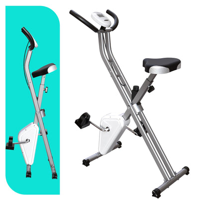 Foldable exercise bike with LCD display tracking workout metrics like time and calories.