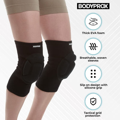 Close-up of Bodyprox Protective Knee Pads, highlighting the breathable fabric and non-slip feature for secure fit.