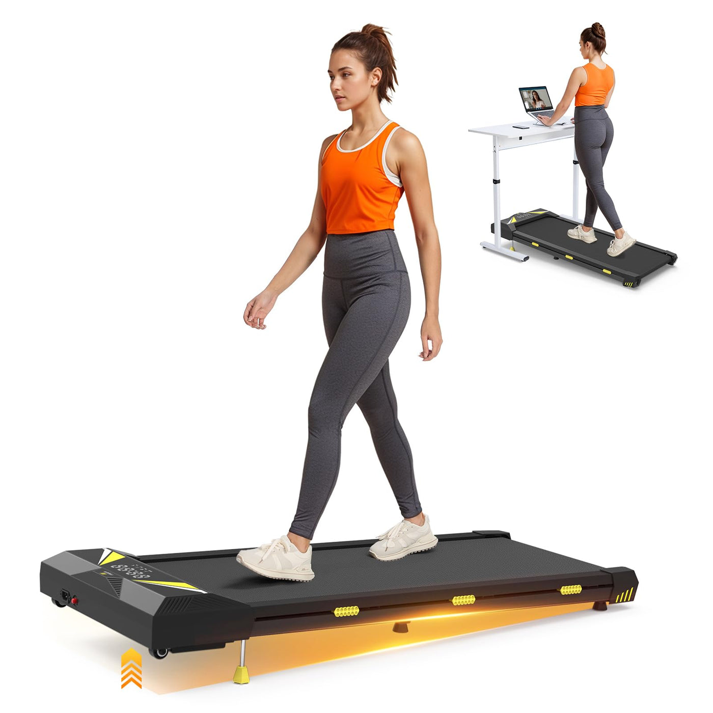 User enjoying Walking Pad Treadmill, showcasing its use as a portable treadmill for home or office.