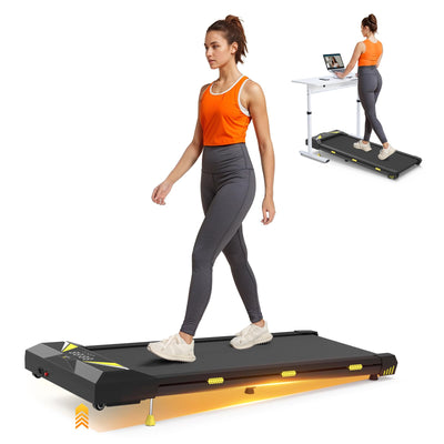 User enjoying Walking Pad Treadmill, showcasing its use as a portable treadmill for home or office.