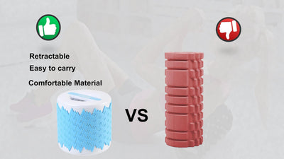 Collapsible foam roller resting on a yoga mat, perfect for stretching and physical therapy at home.