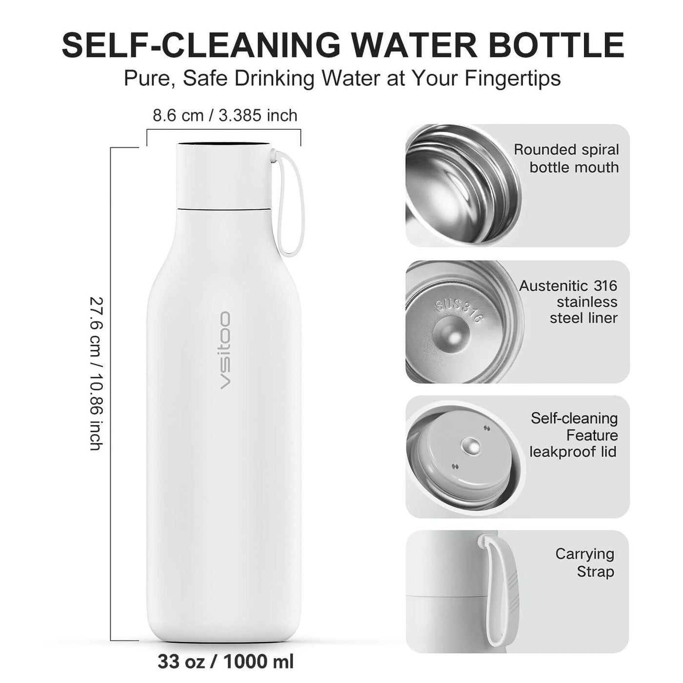 VSITOO 33 oz Smart Self-Cleaning Water Bottle,Stainless Steel Vacuum Flask,BPA-Free, One-Touch Clean,30-Day Battery, Magnetic Charging,Portable Bottle for Travel,Gym or Office,Black - Dreamchaser Headquarters