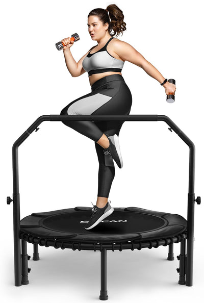 Collage of activities on the BCAN Adult Mini Trampoline, emphasizing its use as a fitness trampoline with handle.