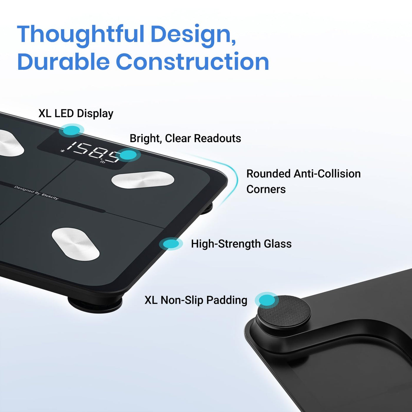 Close-up of the Etekcity Smart Scale for Body Weight with highlighted features of the Bluetooth body composition scale.