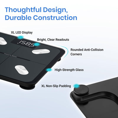 Close-up of the Etekcity Smart Scale for Body Weight with highlighted features of the Bluetooth body composition scale.