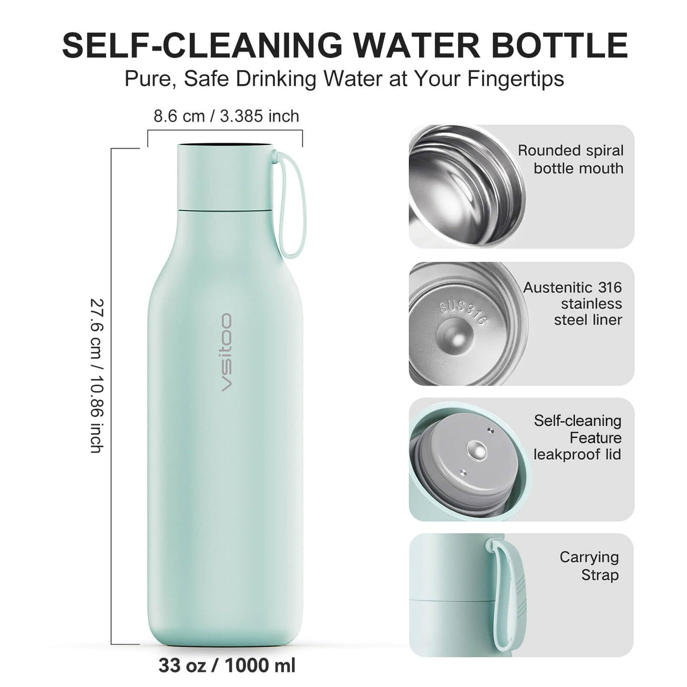 VSITOO 33 oz Smart Self-Cleaning Water Bottle,Stainless Steel Vacuum Flask,BPA-Free, One-Touch Clean,30-Day Battery, Magnetic Charging,Portable Bottle for Travel,Gym or Office,Black - Dreamchaser Headquarters