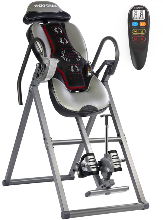 INNOVA HEALTH AND FITNESS ITM5900 heat and massage inversion table in gray and black, featuring advanced vertical massage pad.