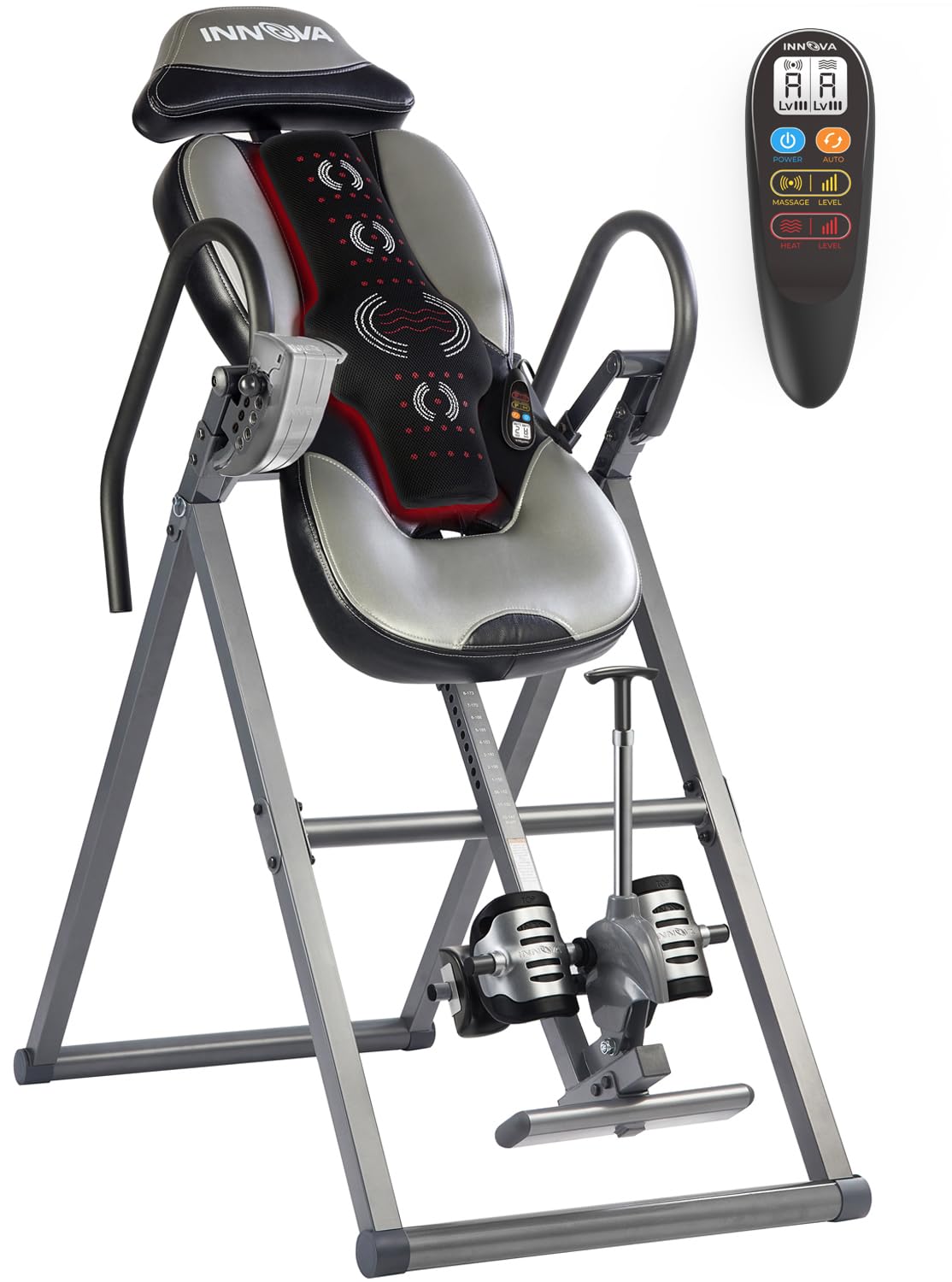 INNOVA HEALTH AND FITNESS ITM5900 heat and massage inversion table in gray and black, featuring advanced vertical massage pad.