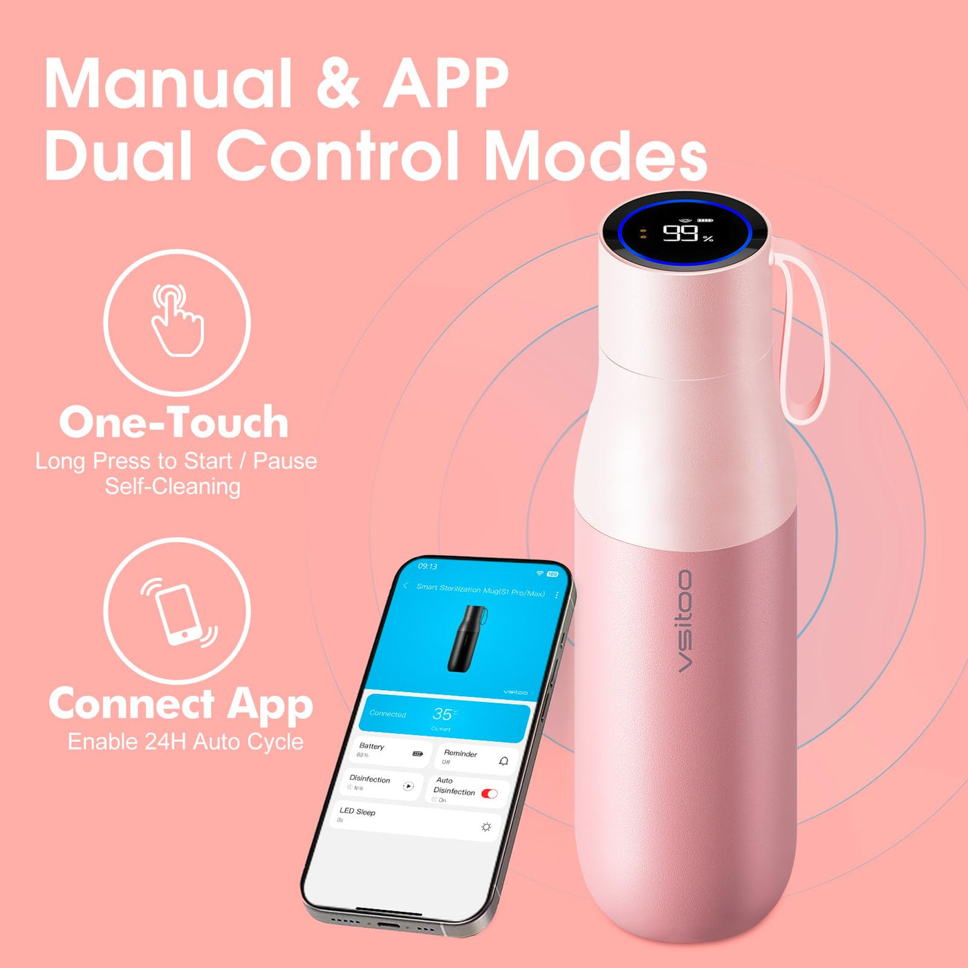 VSITOO 33 oz Smart Self-Cleaning Water Bottle,Stainless Steel Vacuum Flask,BPA-Free, One-Touch Clean,30-Day Battery, Magnetic Charging,Portable Bottle for Travel,Gym or Office,Black - Dreamchaser Headquarters