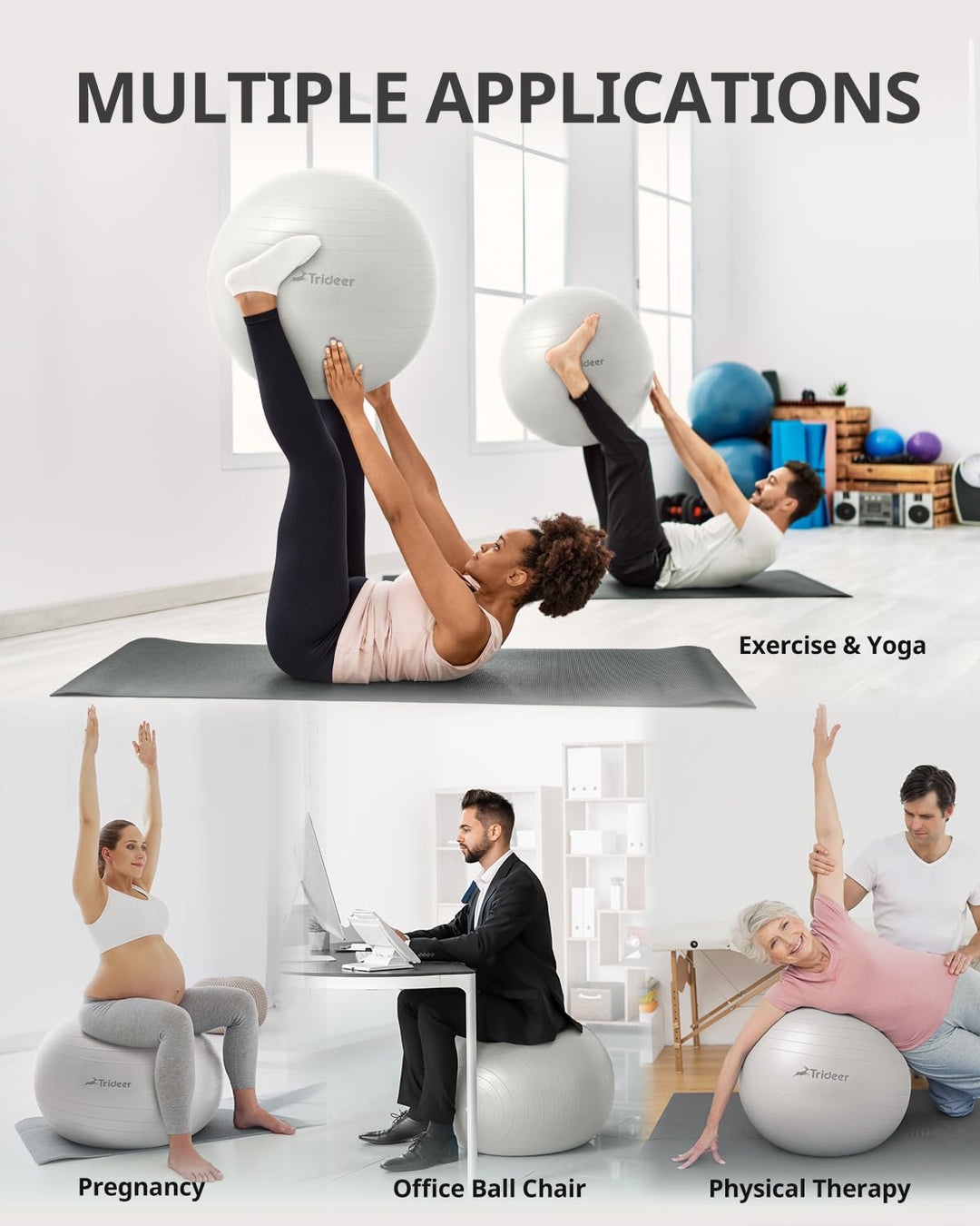 Trideer Exercise Ball for Therapy, Pregnancy &amp; Fitness - Non-Slip, Safe Design, Quick Pump Included, 5 Sizes - Dreamchaser Headquarters