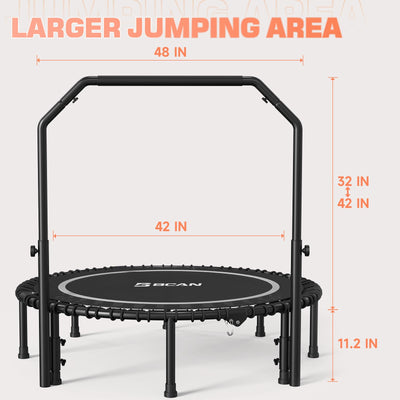 User utilizing the BCAN fitness trampoline with handle for an engaging workout routine in a backyard.