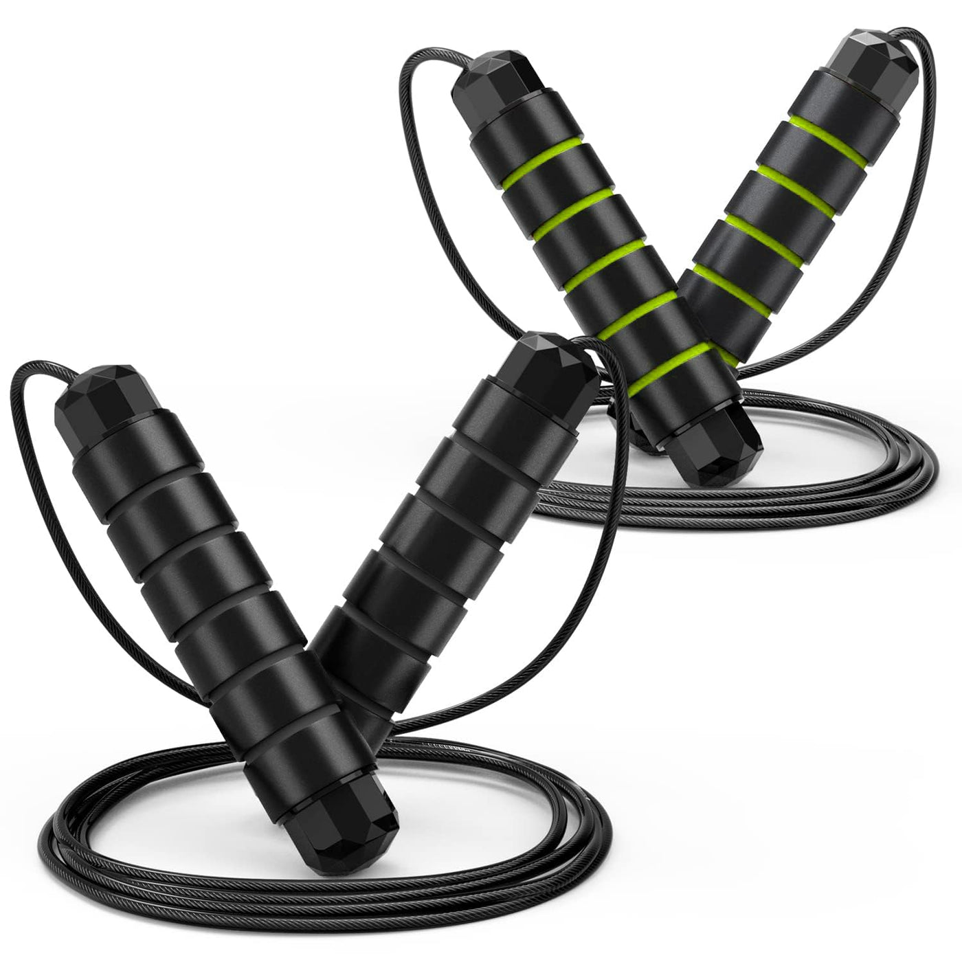 User demonstrating how to use an adjustable tangle-free jump rope for quick and effective home exercise.