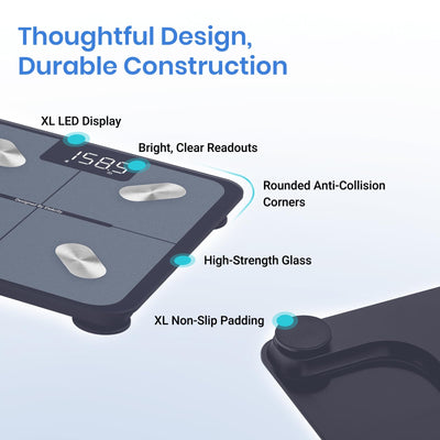 Etekcity Smart Scale for Body Weight positioned against a wall, designed to be the ultimate Bluetooth body composition scale.