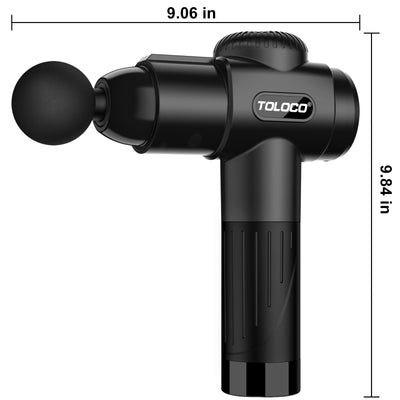 User adjusting speed levels on the TOLOCO Massage Gun, a percussion massager with multiple heads, for customized muscle relief.