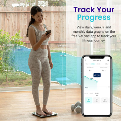 The Etekcity Smart Scale for Body Weight amongst exercise equipment, highlighting its Bluetooth body composition scale technology.