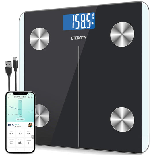 User interacting with the Etekcity Smart Scale for Body Weight in a modern bathroom, using the Bluetooth body composition scale features.