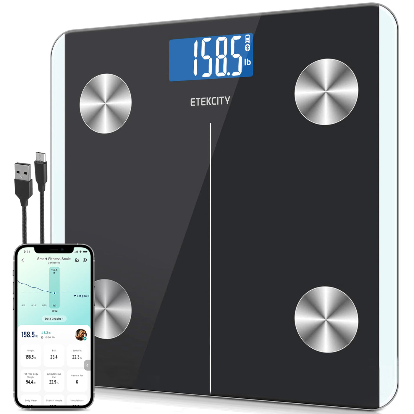 User interacting with the Etekcity Smart Scale for Body Weight in a modern bathroom, using the Bluetooth body composition scale features.