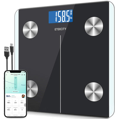 User interacting with the Etekcity Smart Scale for Body Weight in a modern bathroom, using the Bluetooth body composition scale features.
