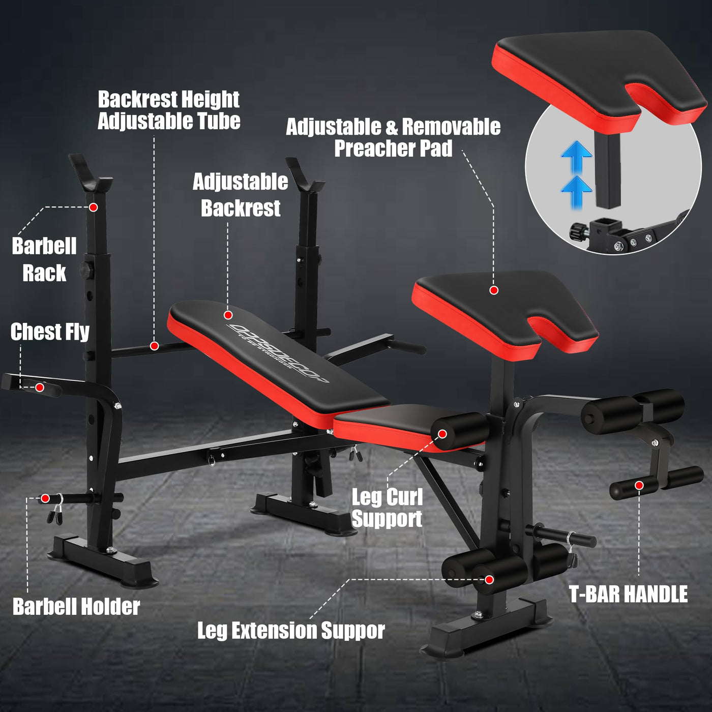 Adjustable Workout Bench included in OPPSDECOR 660lbs Weight Bench Set, perfect home gym equipment for incline and flat bench exercises.