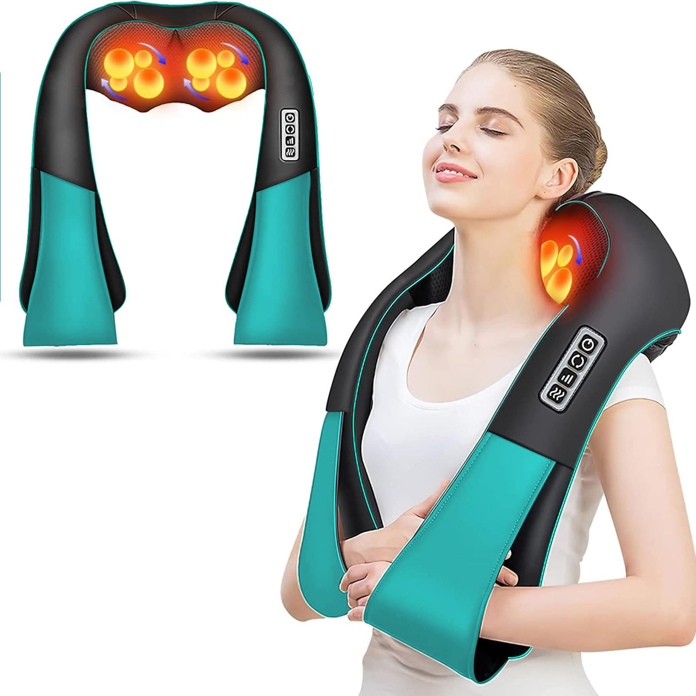 AERLANG Shiatsu heated shoulder massager and its included AC and car adapters for on-the-go relief.