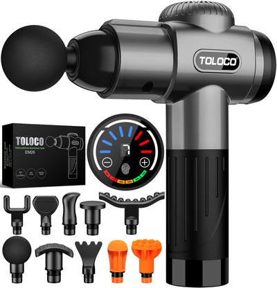 TOLOCO Massage Gun showcasing its silent operation, emphasizing its effectiveness as a percussion massager with multiple heads.