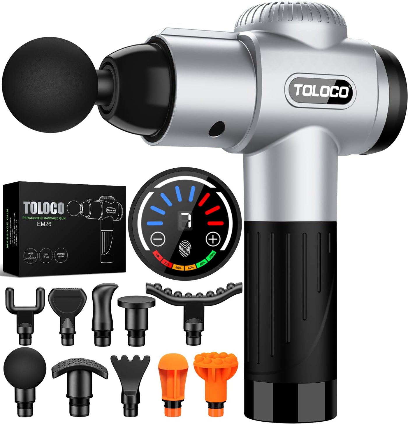 TOLOCO Massage Gun ready for use, emphasizing its powerful performance as a percussion massager with multiple heads designed for athletes.