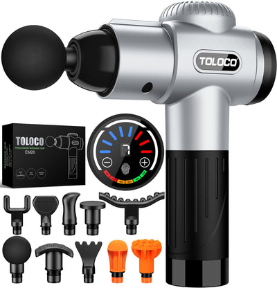 TOLOCO Massage Gun ready for use, emphasizing its powerful performance as a percussion massager with multiple heads designed for athletes.