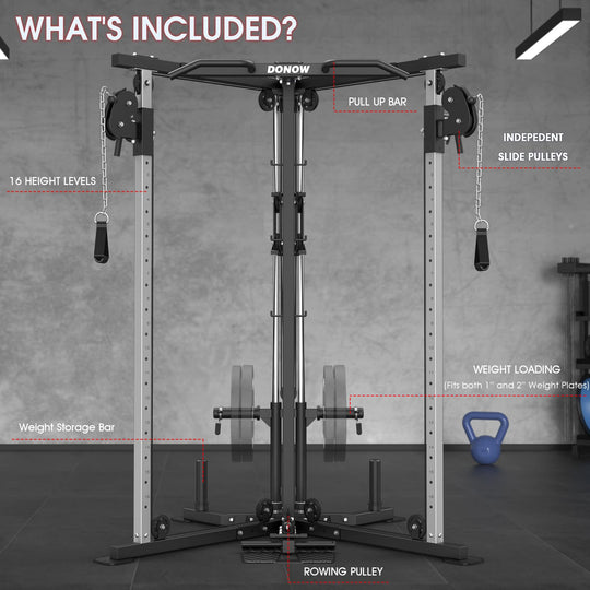 DONOW Cable Crossover Machine, Cable Fly Machine Home Gym System Workout Station with Dual Pulley System Pull-Up Bar Cable Bar and LAT Pull Down System (DN-5011) - Dreamchaser Headquarters