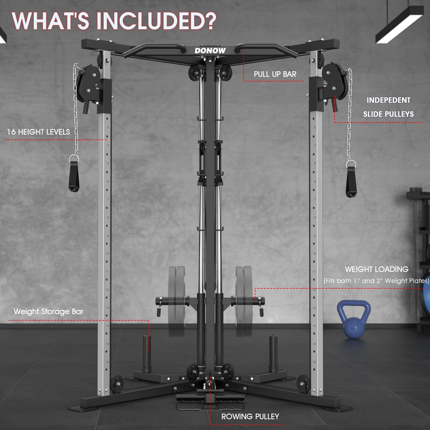 DONOW Cable Crossover Machine, Cable Fly Machine Home Gym System Workout Station with Dual Pulley System Pull-Up Bar Cable Bar and LAT Pull Down System (DN-5011) - Dreamchaser Headquarters