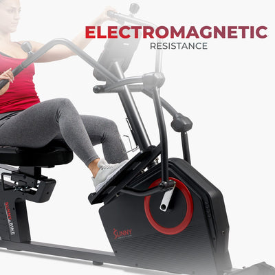 Sunny Health & Fitness Electromagnetic Recumbent Cross Trainer Exercise Elliptical Bike w/Arm Exercisers, Easy Access Seat & Exclusive SunnyFit® App Enhanced Bluetooth Connectivity - SF-RBE4886SMART