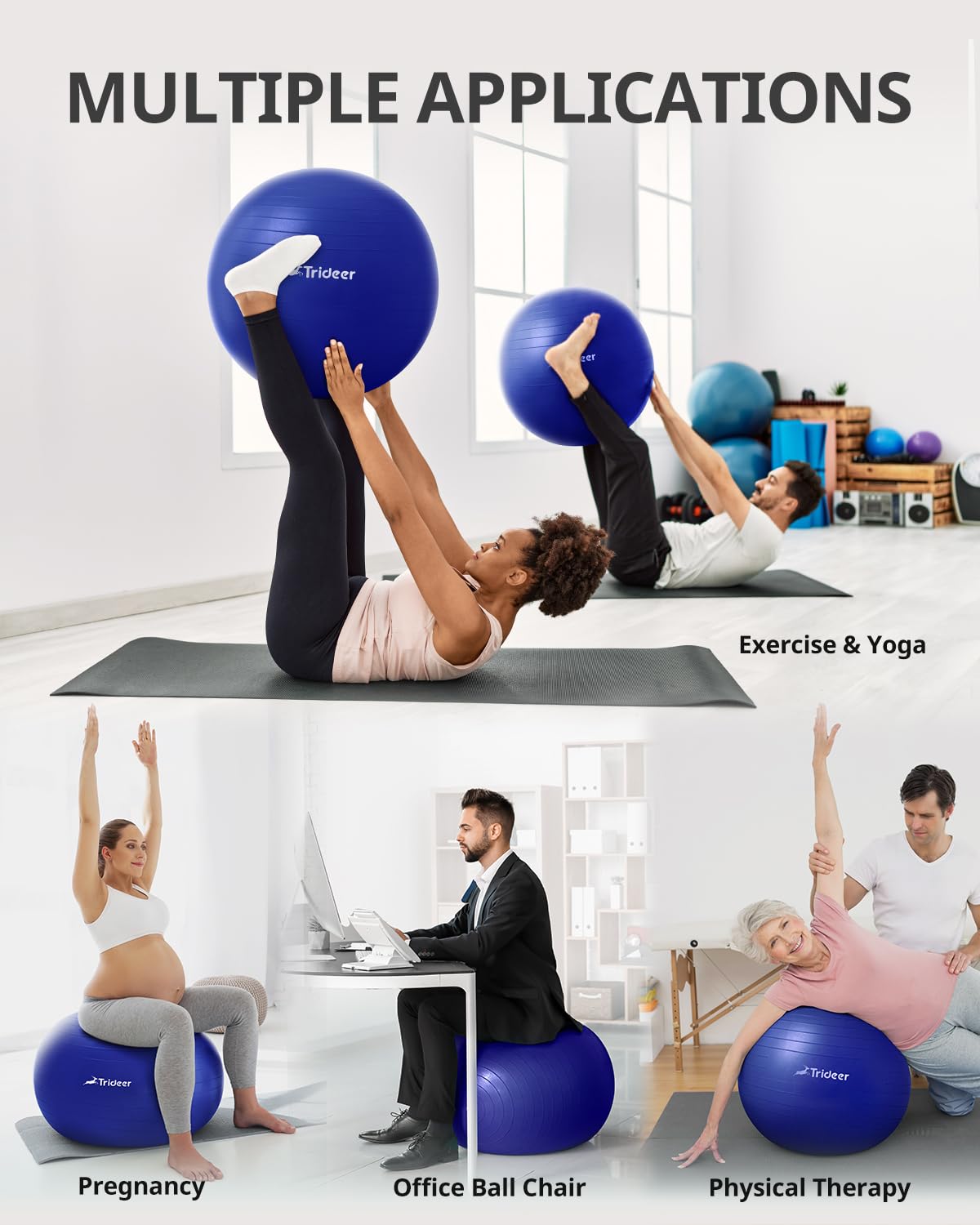 Trideer Exercise Ball for Therapy, Pregnancy & Fitness - Non-Slip, Safe Design, Quick Pump Included, 5 Sizes - Dreamchaser Headquarters