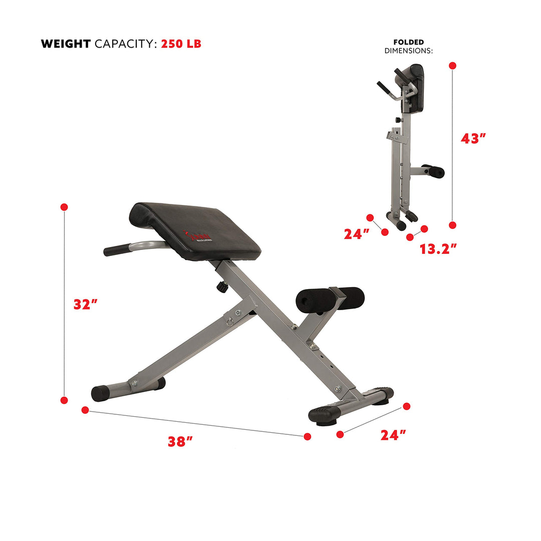 Sunny Health &amp; Fitness 45-Degree Hyperextension Roman Chair with Adjustable Height and Back, Glute, Hamstring, and Ab Workouts Foldable Sit Up Gym Bench for Home, Gray - SF-BH6629 - Dreamchaser Headquarters