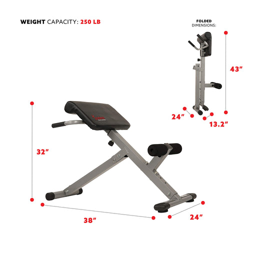 Sunny Health &amp; Fitness 45-Degree Hyperextension Roman Chair with Adjustable Height and Back, Glute, Hamstring, and Ab Workouts Foldable Sit Up Gym Bench for Home, Gray - SF-BH6629 - Dreamchaser Headquarters
