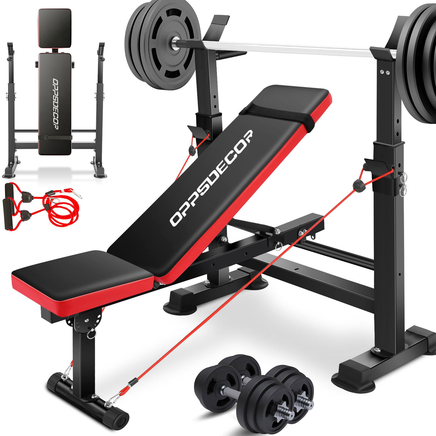 Multiple workout options with OPPSDECOR 660lbs Weight Bench Set, making it essential home gym equipment for full-body training.