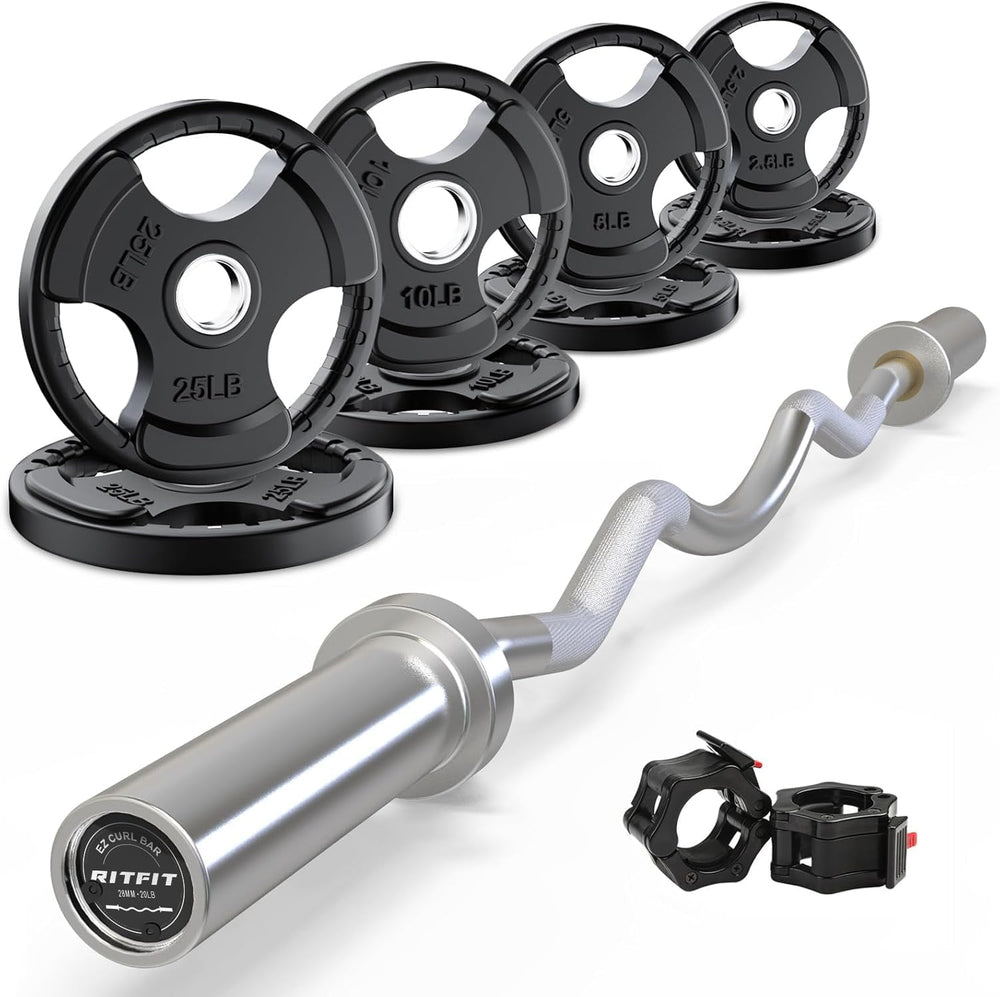 RitFit 2-Inch EZ Curl Bar with Weights for Bicep & Tricep Strength Training | 350LB Olympic Barbell Set | DreamchaserHQ